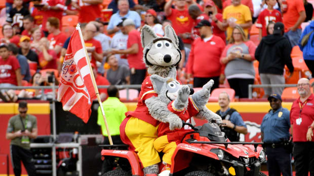 Aug 24, 2019; Kansas City, MO, USA; Kansas City Chiefs mascot KC Wolf and KC Wolf JR ride a four-wheeler on field during the game against the San Francisco 49ers at Arrowhead Stadium. Mandatory Credit: Denny Medley-USA TODAY Sports